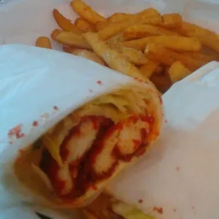 Flamin' Hot chicken wrap and fries.