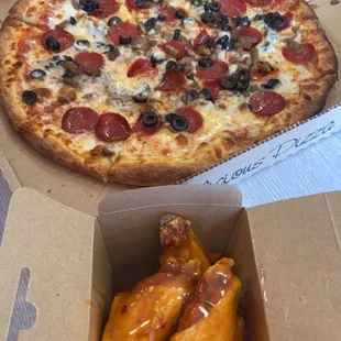 pizza and a box of wings