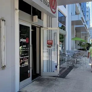 the entrance to a restaurant