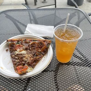 Supreme Pizza slice and an Arnold Palmer
