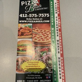 a menu for a pizza restaurant