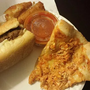 Pizza (partially eaten, lol), cheesesteak, and mozzarella sticks.