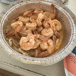 "1 lb" of steamed shrimp, garden salad w avocado and egg