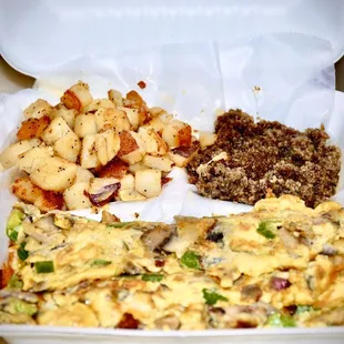 Vegi Omelette with Home Fries and Scrapple On Side.