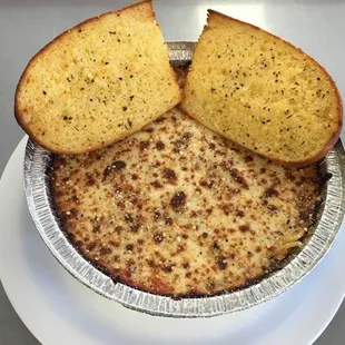 a piece of bread in a pie pan