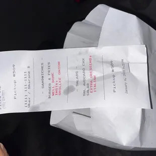 The receipt was attached to the bag but no food