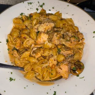 Pasta Shells with Salmon tell them to make it spicy! Amazing!