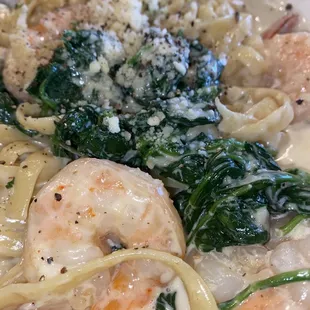 Creamy Garlic and Shrimp Fettuccine with spinach.