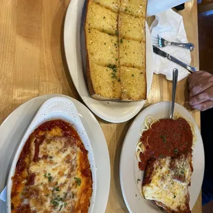 Chicken parm dinner and Lasagna with garlic bread