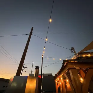 a view of a restaurant at dusk