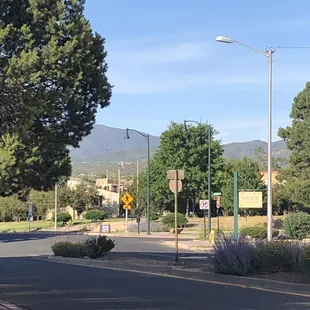 View from the outdoor seating area looking up at the mountains.
