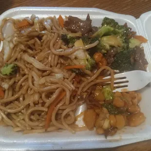 a plate of noodles with meat and vegetables