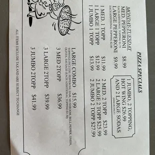Updated Pizza Menu. ( Restaurant is closed TUESDAYS &amp; WEDNESDAY)