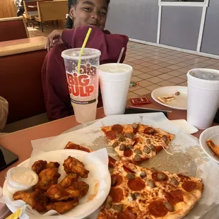 Pizza,wings,fried rice