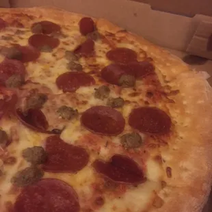 Pepperoni and Italian sausage pizza yum!