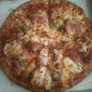 Medium pepperoni, sausage, jalepeno, canadian bacon