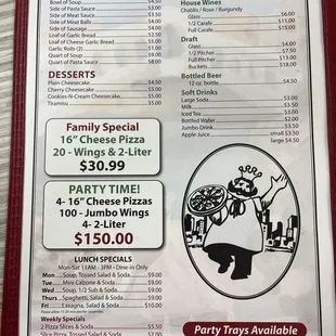 Back page of the menu