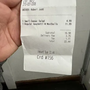 Receipt given upon delivery