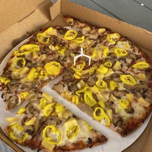 Ordered mushroom, black olive and pineapple