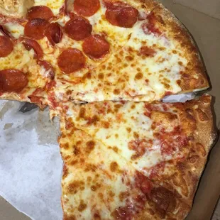 Half cheese, half pepperoni pizza. So good!!
