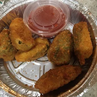 Jalapeño poppers (cream cheese filled). Yum.