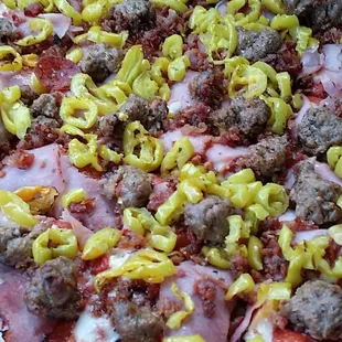 This is the best! Meat Lovers Pizza with banana peppers. You won&apos;t leave hungry.
