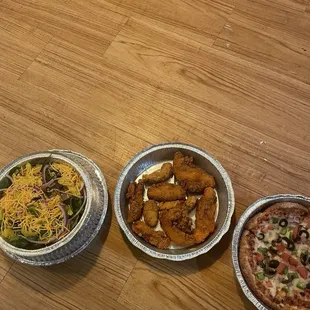 House salad chicken tenders veggie pizza