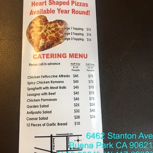 a menu for a heart shaped pizza
