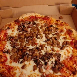 Sausage, Mushroom. Drunk chef. Its like half pizza half cheese bread.