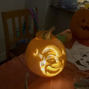 Pumpkin we carved while eating pizza