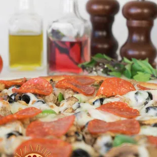 pepperoni, mushrooms, olives, and pepperoni