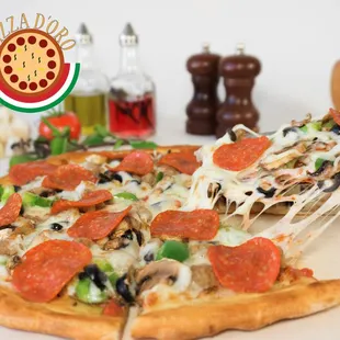 pepperoni, mushrooms, olives, and cheese