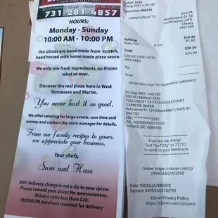 take out menu and bill for lasagna pizza with mushrooms.