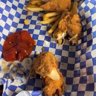 The chicken fingers were a lot dry but the fries were definitely the best part of the meal.