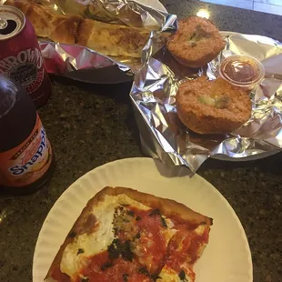 Sicilian slice, chicken roll and rice ball