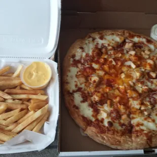 Chicken Alfredo Pizza and fries! Always hot and always delicious!