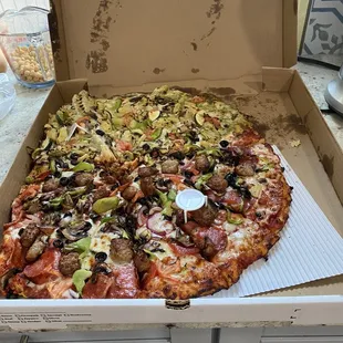 Our smooshed pizza, 30 minutes late