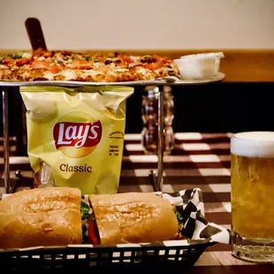 a beer and a sandwich