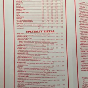 the menu of the restaurant