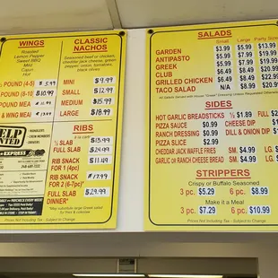 menus and prices on the wall
