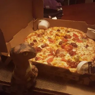 Bob the Raptor Says &quot;The Delivery Mammal brought this cheeseburger pizza prey really fast.&quot;