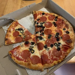 Pizza a little greasy look at the cardboard