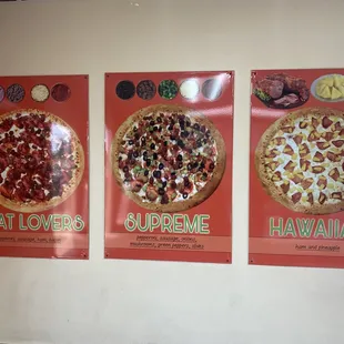 three posters of different types of pizza