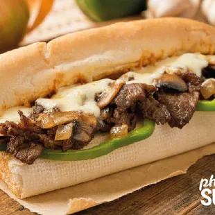 Beef, bell peppers, onions, mayo, sauce* &amp; melted provolone