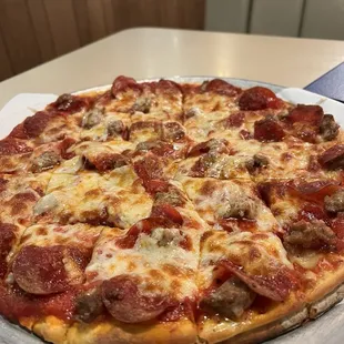 Pepperoni and Sausage.  Double crust.  Excellent.