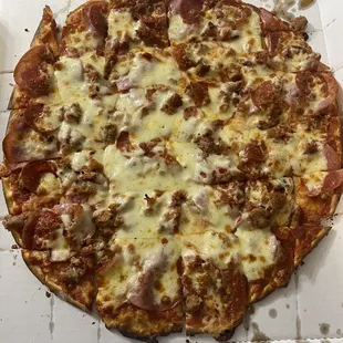 Large meat lovers pizza- very tasty! Thin crust was perfect!