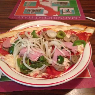2 Combination slices. The pepperoni and cheese were already there and the veggies were just thrown on.  Like a salad on top of the pizza.