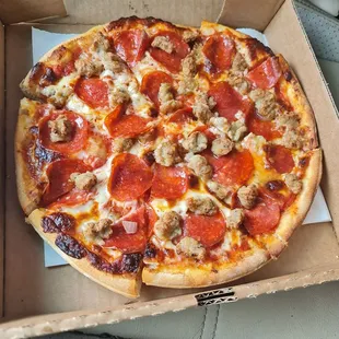 Sausage and pepperoni, medium about 10 bucks