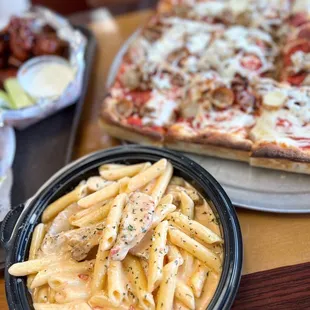Rose pasta with grilled chicken + meat lovers Sicilian pizza