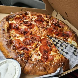Stuffed crust, pepperoni and cheese pizza.